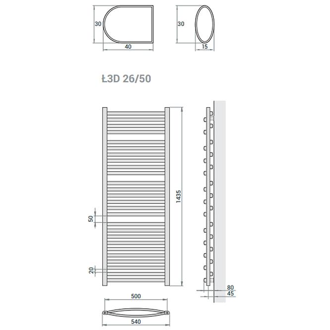 Fürdőszoba radiátor Łezka 3D Ł3D 26/50 fekete 1435x540 mm,2