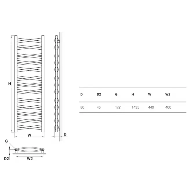 Fürdőszoba radiátor Łezka 3D Ł3DX 2640 fehér 1435x440 mm