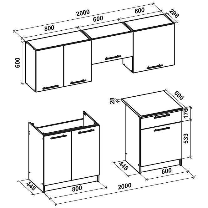 Konyhabútor Marija 200 zb 28mm fehér fényű mdf/kor sonoma