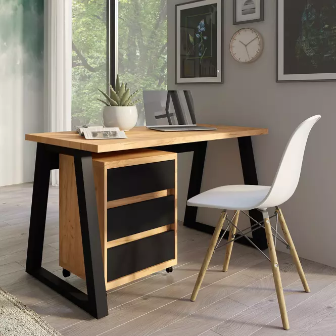 Szett Iga I Íróasztal + Irodai konténer Tölgy Craft / Fekete Mat,3