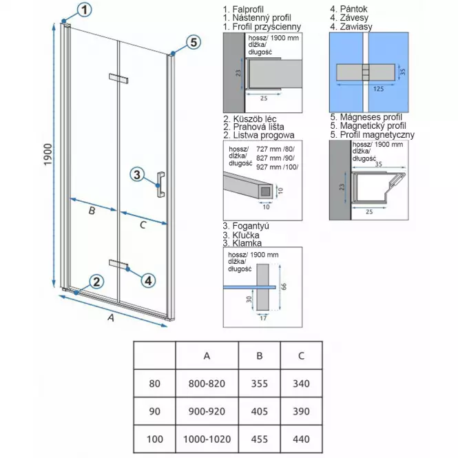 Zuhanyajtó Molier 80x190 króm Rea K6367