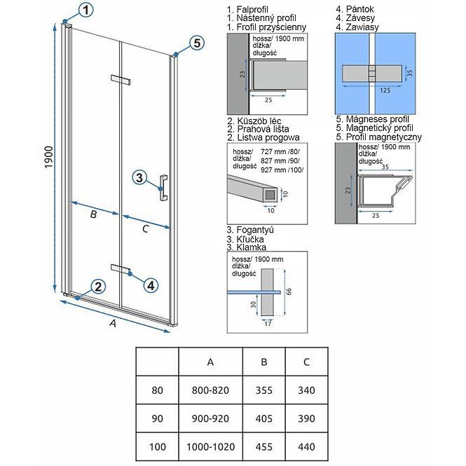 Zuhanyajtó Molier 80x190 króm Rea K6367