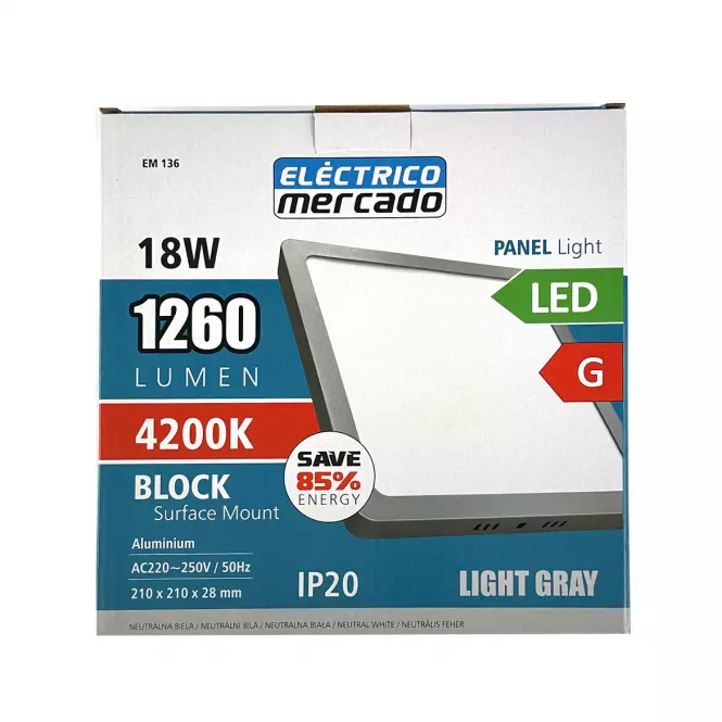 LED Panel Block 18W 4200K Világosszürke négyzet