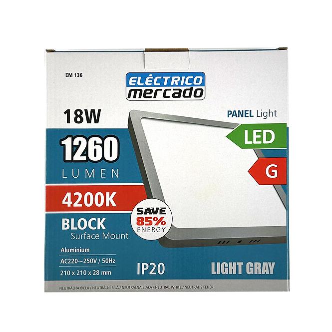 LED Panel Block 18W 4200K Világosszürke négyzet