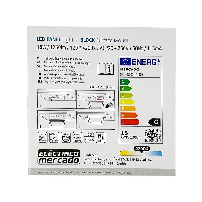 LED Panel Block 18W 4200K Világosszürke négyzet