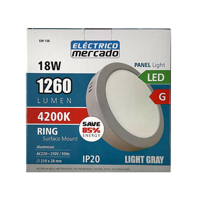 LED gyűrűs panel  18W 4200K Világosszürke kerek