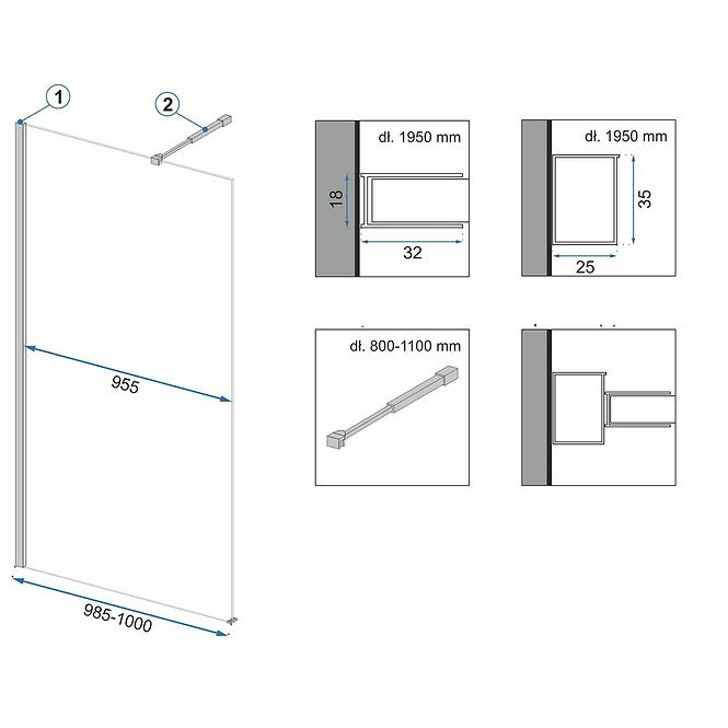 Zuhanyfal Walk-in Aero Rea K6596 100x195 black