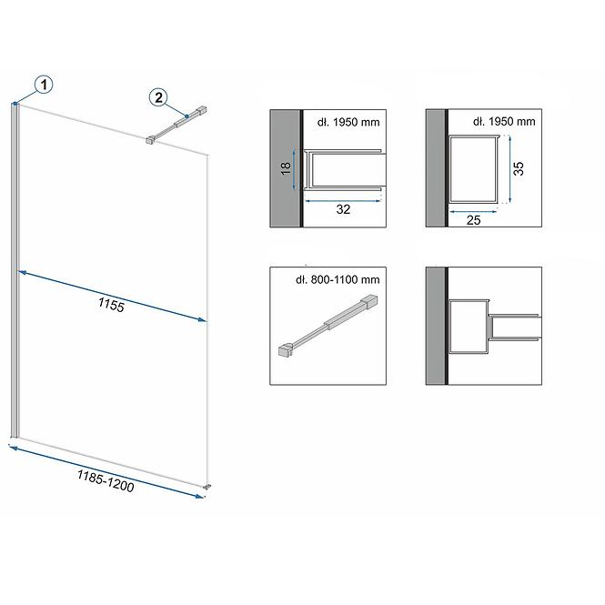 Zuhanyfal Walk-in Aero Rea K6599 120x195 black