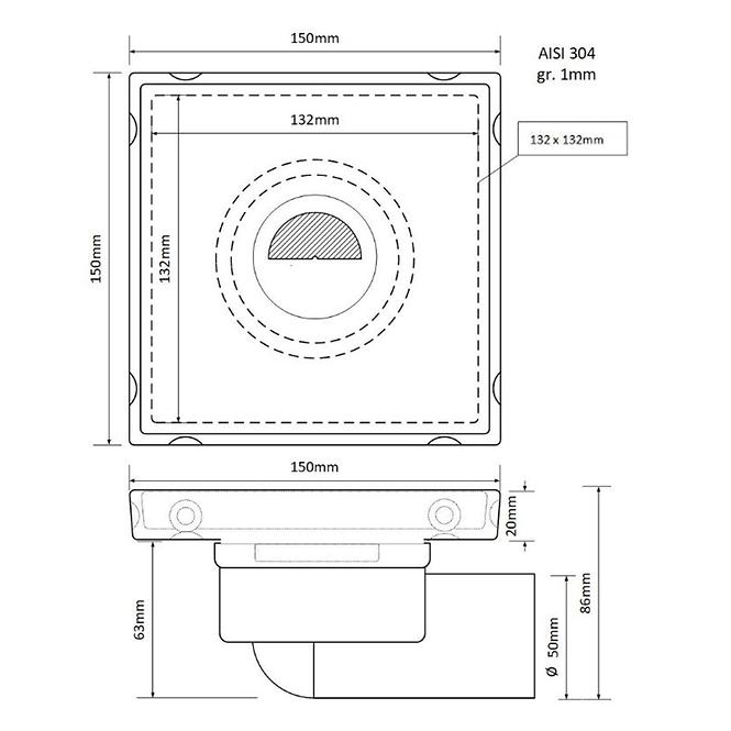 Talajlefolyó Axus 15x15 360 forgatható 360 FI50