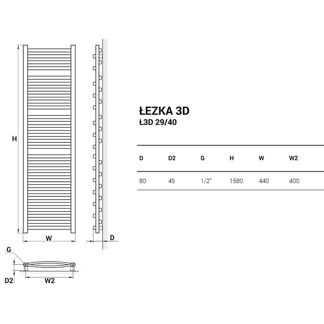 Fürdőszoba radiátor Łezka 3D Ł3D 29/40 fehér 1580x440