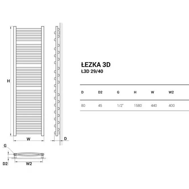 Fürdőszoba radiátor Łezka 3D Ł3D 29/40 fehér 1580x440,2