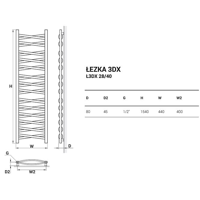 Fürdőszoba radiátor Łezka 3D Ł3DX 28/40 fehér 1580x440