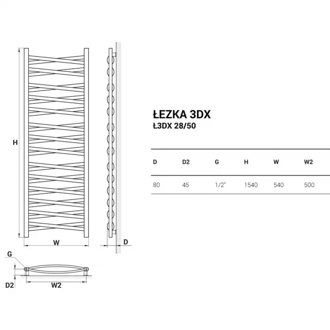 Fürdőszoba radiátor Łezka 3D Ł3DX 28/50 fehér 1580x540,2