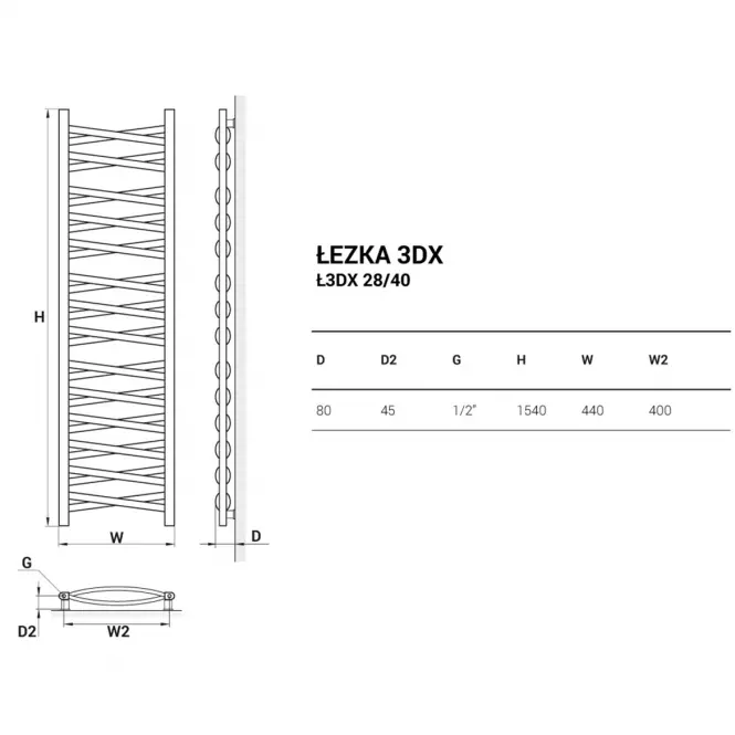 Fürdőszoba radiátor Łezka 3D Ł3DX 28/40 fekete 1580x440
