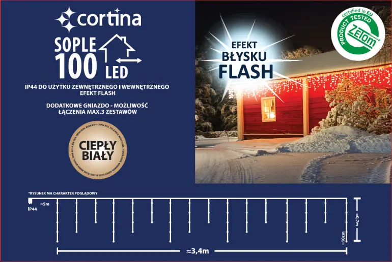 Karácsonyi fények LED sople 100l zew. Trans+gn+flash biały kabel10,5