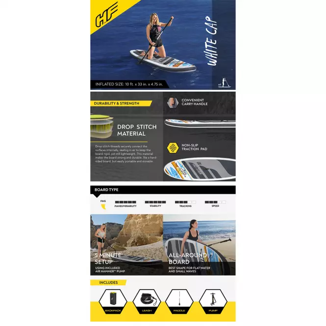 Felfújható készlet paddleboard SUP WHITE CAP SET HYDRO-FORCE 65342 BESTWAY