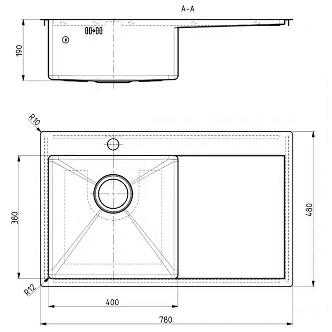 Mosogató Nil 1-kamrás 780x480x190 lefolyó + szifón,2