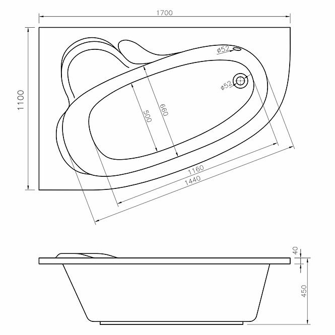 Hidromasszázs kád Madura 170/110 L 12DW+10DP pneumatikus vezérlés