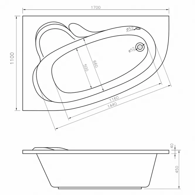 Hidromasszázs kád Madura 170/110 L 12DW+10DP pneumatikus vezérlés,2