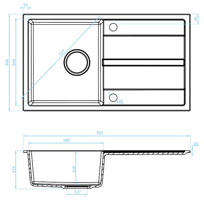 Gránit mosogatótálca Pico 760x440 szürke + csaptelep