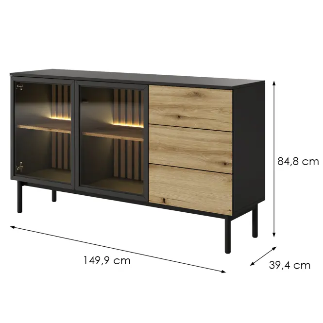 Komód Lang C 150 2D3S + LED fekete/tölgy evoke,2