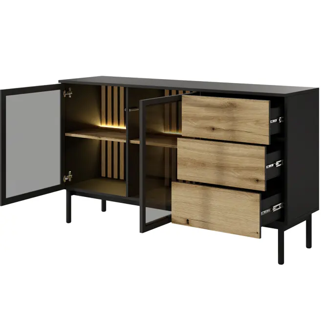 Komód Lang C 150 2D3S + LED fekete/tölgy evoke,3