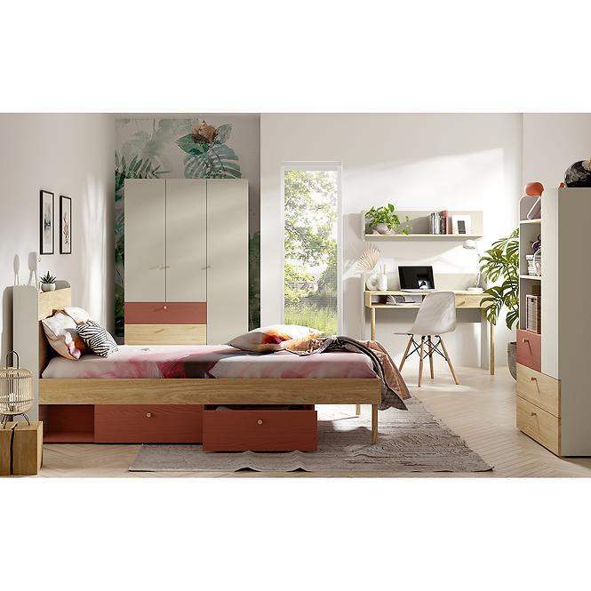 Regál Yuki 3 Korall/Szürke Bézs/Olajozott Tölgy,3