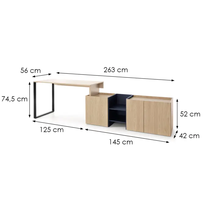Íróasztal Sergio SE8+Komód 3D Bézs/Tölgy/Sötétkék