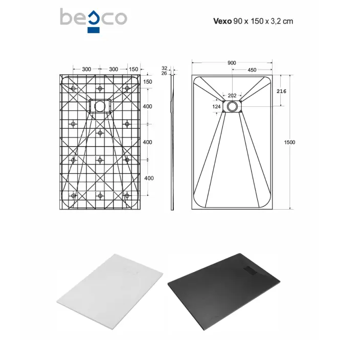 Fürdőkád téglalap alakú Vexo 150x90 fehér