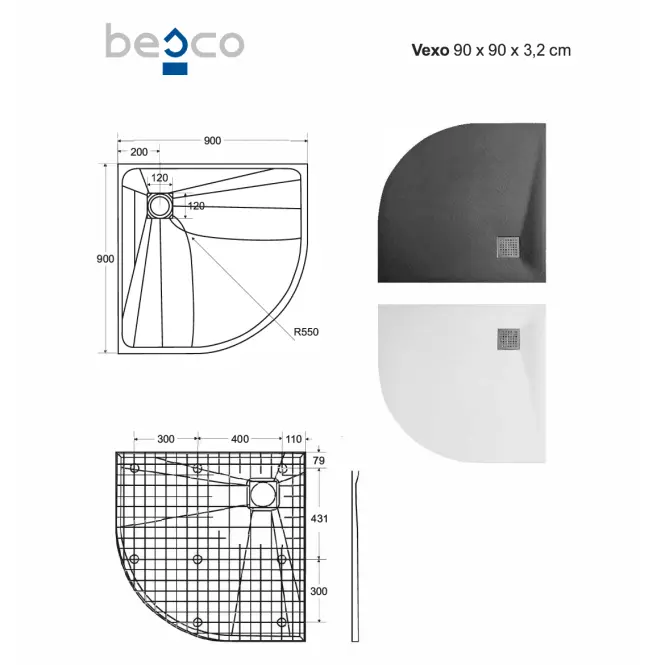 Fürdőkád félkör alakú Vexo 90x90 fehér,2