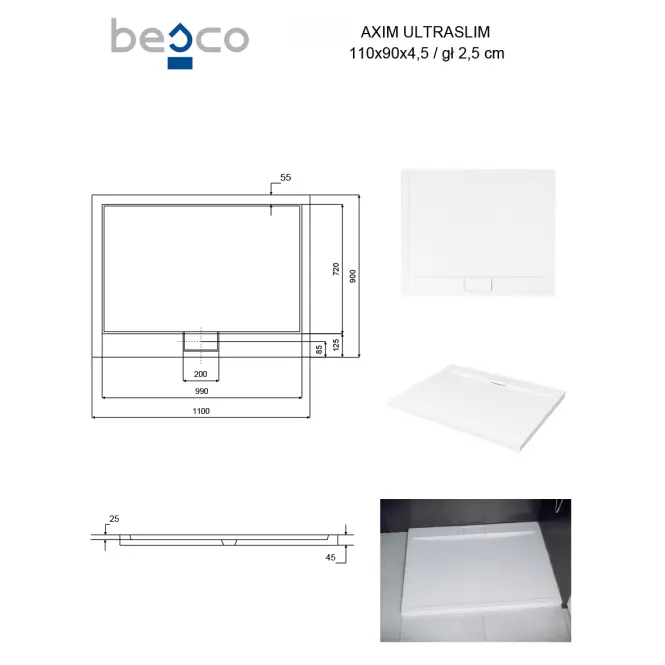 Fürdőkád téglalap alakú Axim Ultraslim 110x90 fehér,3