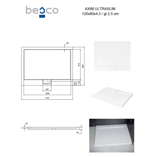 Fürdőkád téglalap alakú Axim Ultraslim 120x80 fehér