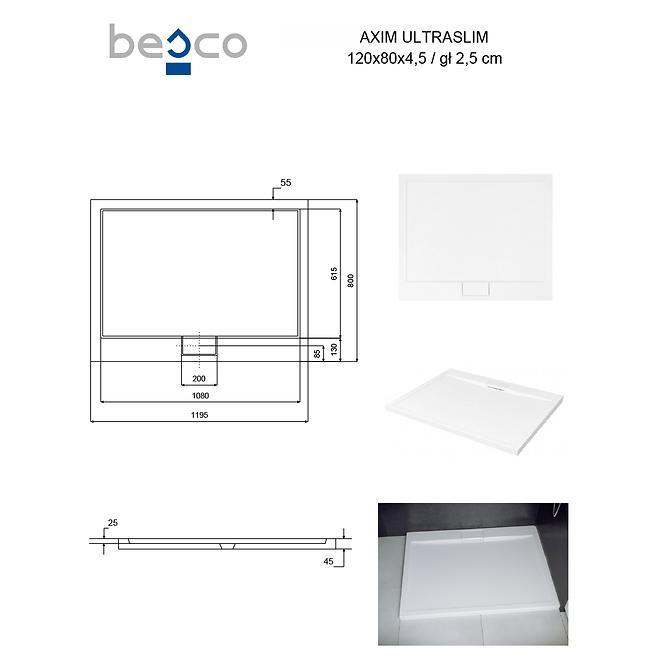 Fürdőkád téglalap alakú Axim Ultraslim 120x80 fehér