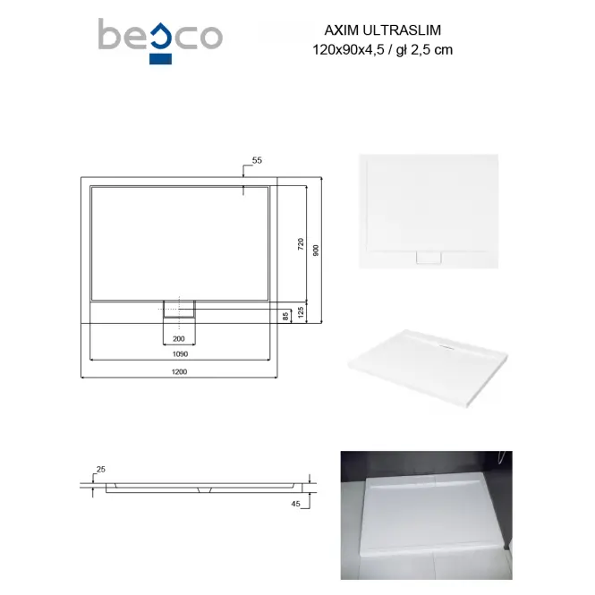 Fürdőkád téglalap alakú Axim Ultraslim 120x90 fehér,3