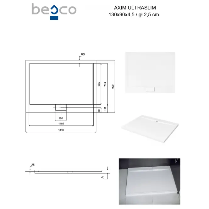 Fürdőkád téglalap alakú Axim Ultraslim 130x90 fehér