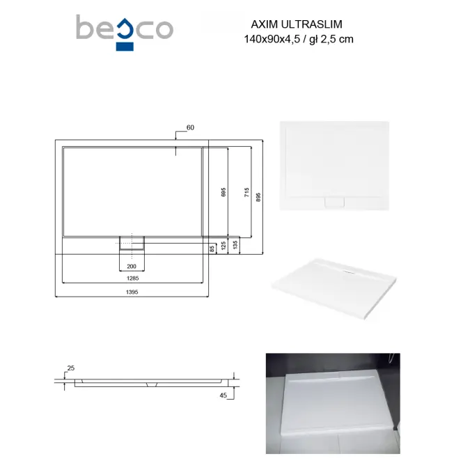 Fürdőkád téglalap alakú Axim Ultraslim 140x90 fehér,3