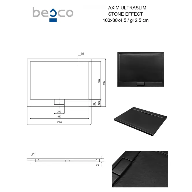 Fürdőkád téglalap alakú Axim Ultraslim Stone Effect New 100x80 fekete