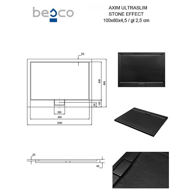 Fürdőkád téglalap alakú Axim Ultraslim Stone Effect New 100x80 fekete,3