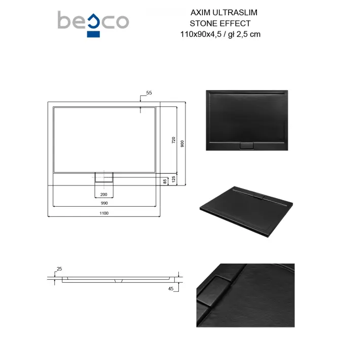 Fürdőkád téglalap alakú Axim Ultraslim Stone Effect New 110x90 fekete,3