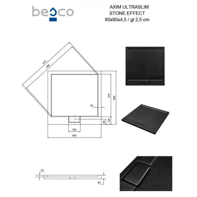 Fürdőkád négyzet Axim Ultraslim Stone Effect New 80x80 fekete