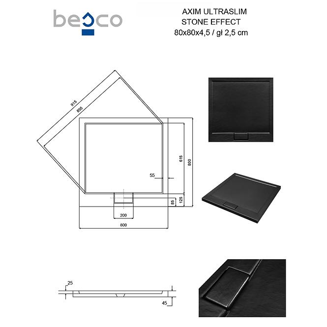 Fürdőkád négyzet Axim Ultraslim Stone Effect New 80x80 fekete,3