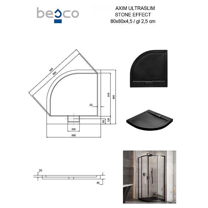 Fürdőkád félkör alakú Axim Ultraslim Stone Effect New 80x80 fekete