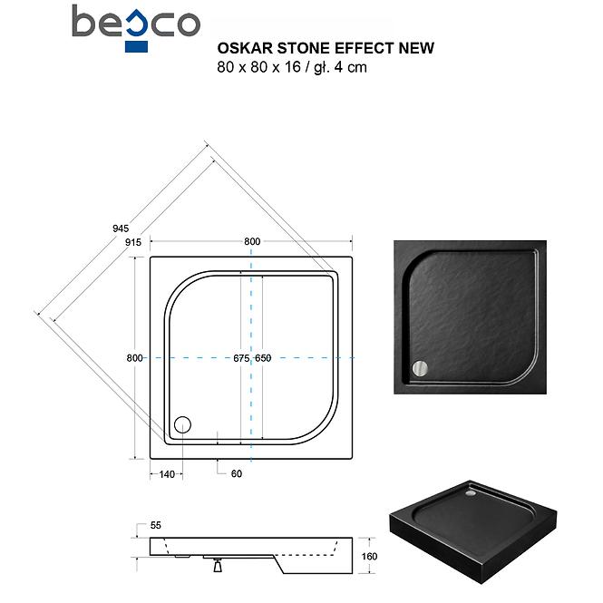 Fürdőkád négyzet Oskar Stone Effect New 80x80 fekete,3