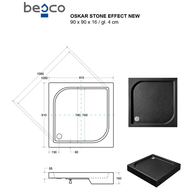 Fürdőkád négyzet Oskar Stone Effect New 90x90 fekete