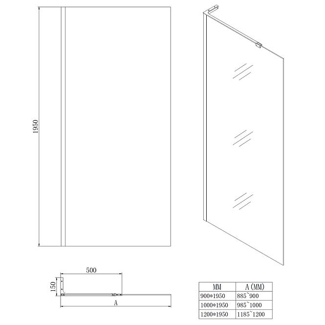 Zuhanyfal Walk-In Pik 120x195 black