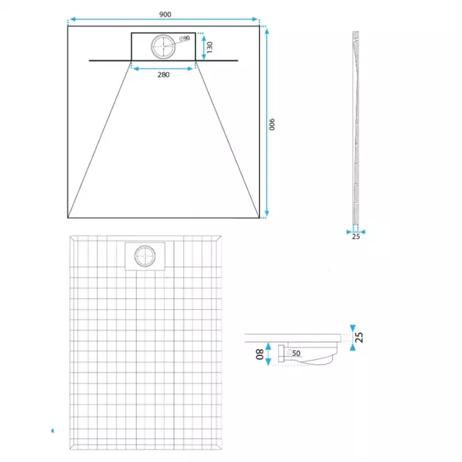 Négyzet alakú zuhanytálca Bazalt 90x90x2,5 Rea K7002