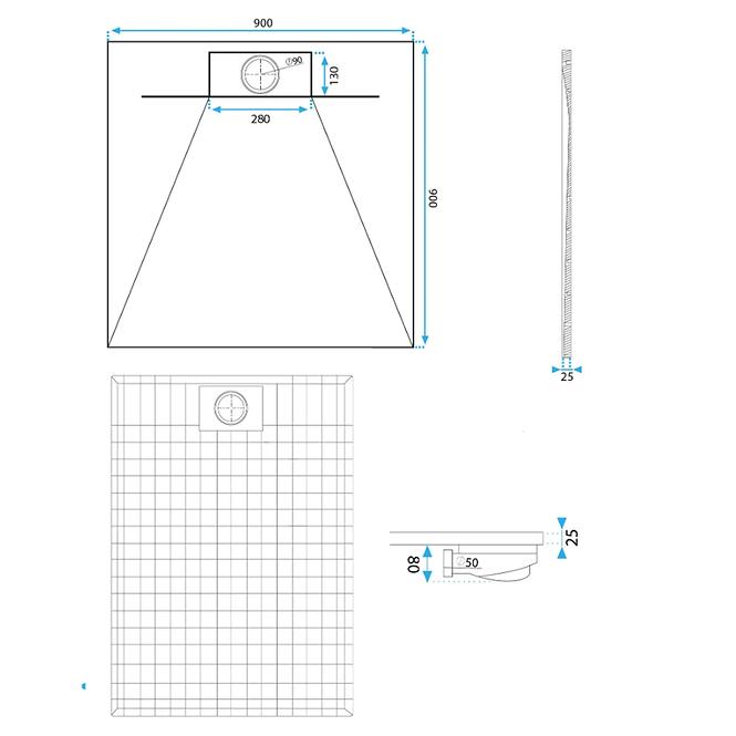 Négyzet alakú zuhanytálca Bazalt 90x90x2,5 Rea K7002