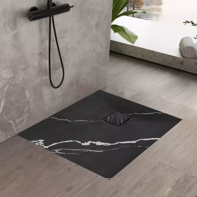 Négyzet alakú zuhanytálca Magnum Carrara Black 90x90x2,5 Rea K7008