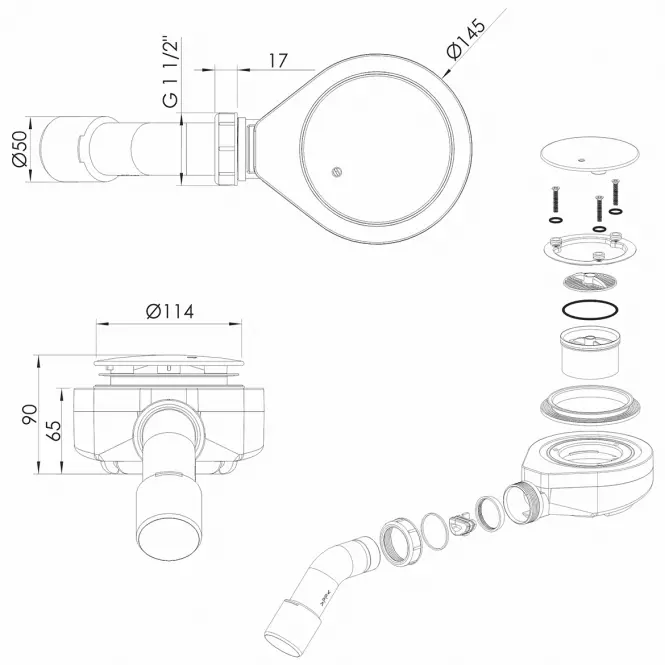 Zuhanytálca szifon Ø 90 mm felülről tisztítható króm/matt fekete 2611