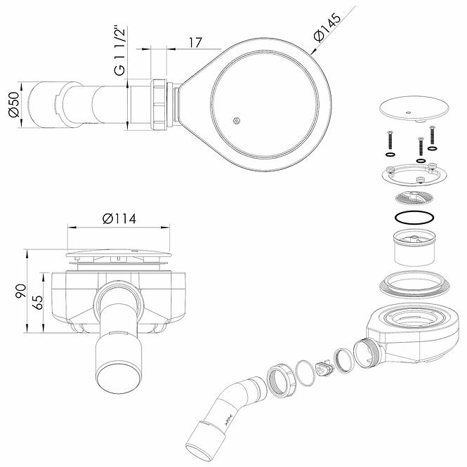 Zuhanytálca szifon Ø 90 mm felülről tisztítható króm/matt fekete 2611
